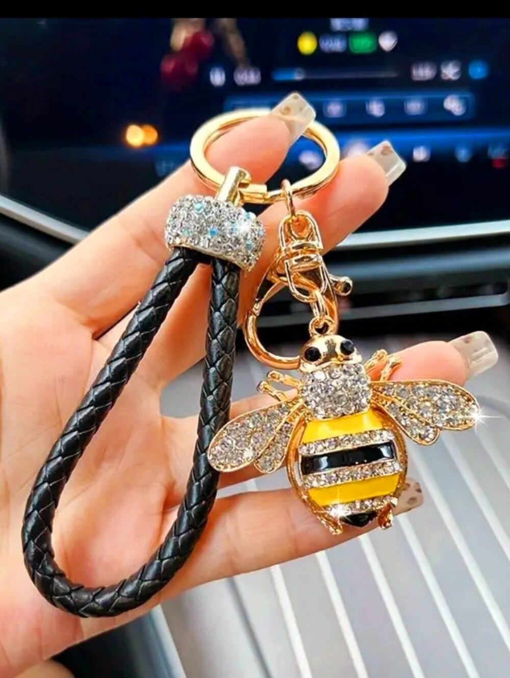 Crystal Bee Charm Keychain On Braided Leather Strap